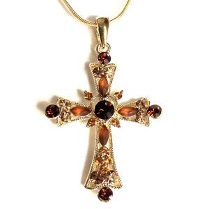 Womens Girls Brown and Gold Austrian Crystal Heart Cross Snake Chain Necklace